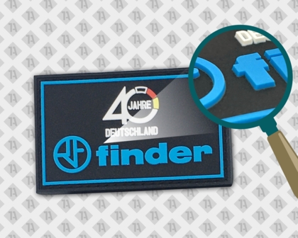 Eckiger Patch Aufnäher Rubber PVC Finder schwarz blau Jubiläum schwarz weiß rot Firmen Deutschland
