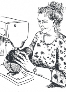 Zeichnung einer Frau an der Stickmaschine – präzise Handarbeit bei 1A