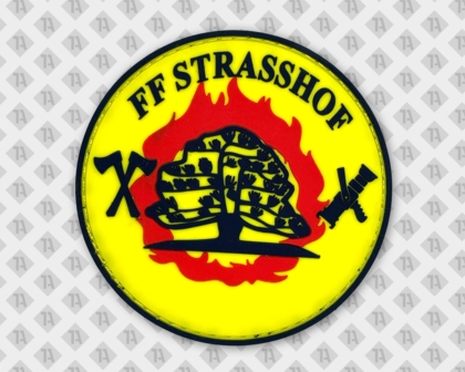 PVC Feuerwehr Aufnäher FF Strasshof mit Flammenmotiv – Rubber Patch gestalten
