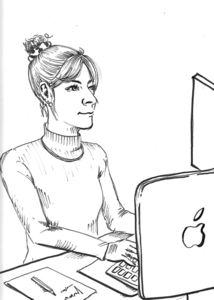 Zeichnung einer Frau am Schreibtisch mit Apple-Computer – konzentriert bei der Büroarbeit