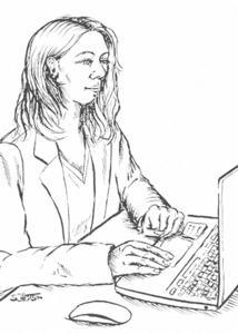 Porträtzeichnung von Ellen Sonnenberg am Laptop – konzentriert bei der Arbeit