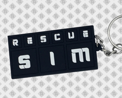 PVC Rubber Schlüsselanhänger eckig Rescue Sim schwarz weiß mit Kette und Ring