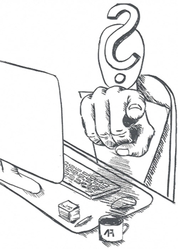Illustration: Fragezeichen-Figur zeigt aus dem Bildschirm – 1A Rubber Recruiting