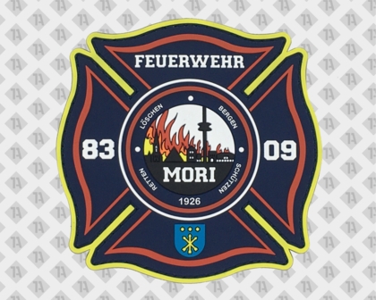 Feuerwehr Namensaufnäher aus PVC  mit Stadt und Flammenmotiv – PVC-Ausführung – 1a-rubber.de