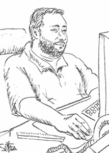 Zeichnung eines Mannes am Schreibtisch – konzentriert bei der Arbeit am PC