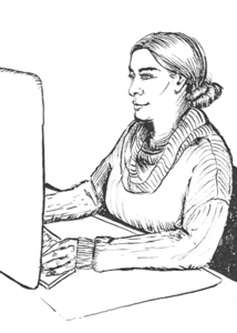 Zeichnung einer Frau mit Schal am Computer – konzentriert bei der Büroarbeit