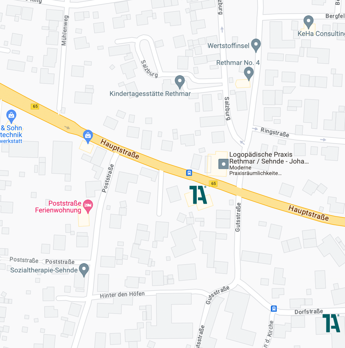 Standortkarte von 1A Textilveredelung in Sehnde-Rethmar an der Hauptstraße 65